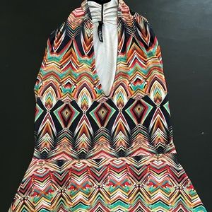 Stretch material, deep multi color, size L, V Neckline